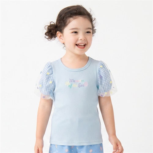 karamell KAKA 袖刺しゅうテレコTシャツ キッズ 女の子 100cm-130cm(サックス-100cm)