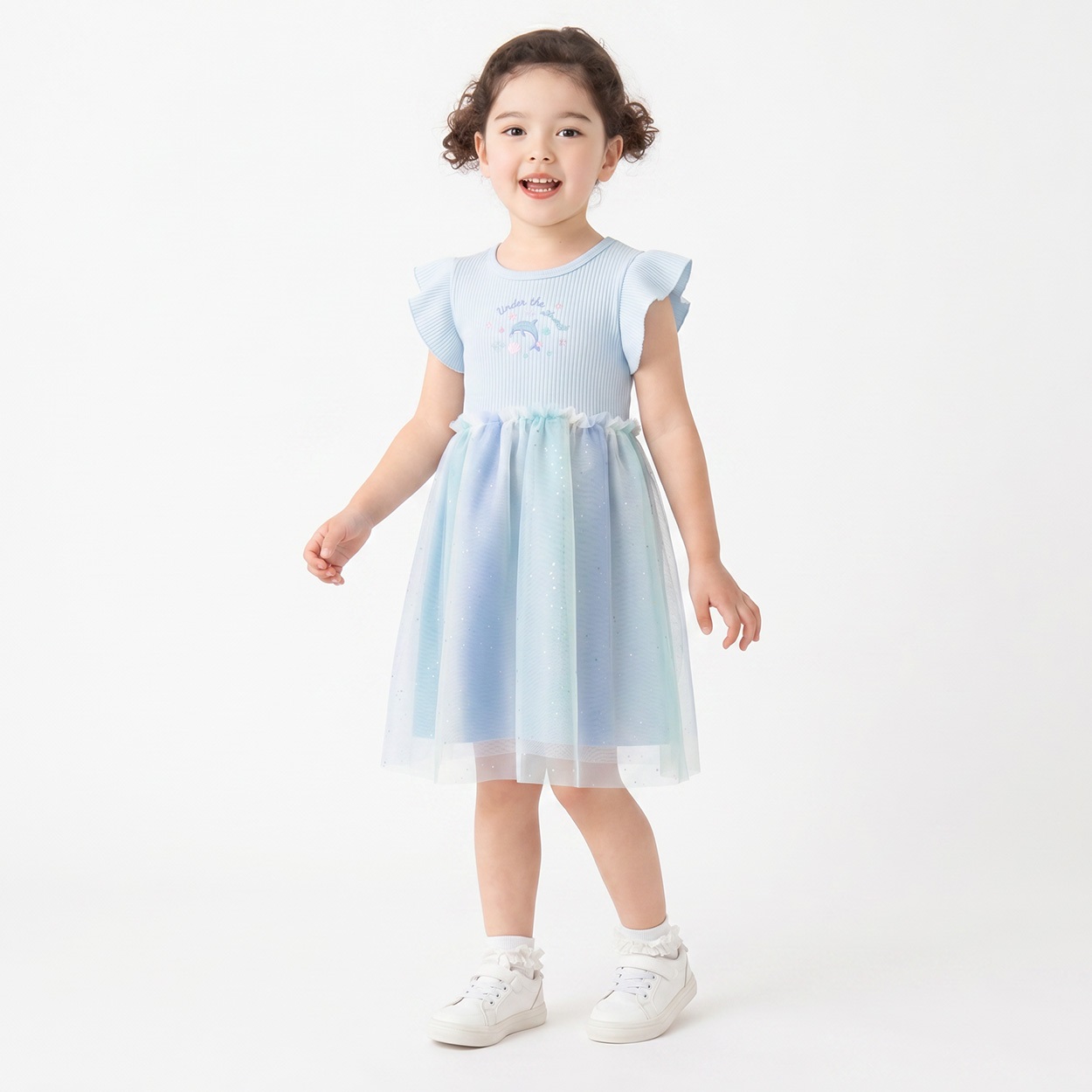 karamell KAKA イルカ刺しゅうドッキングワンピース キッズ 女の子 100cm-130cm(サックス-100cm)
