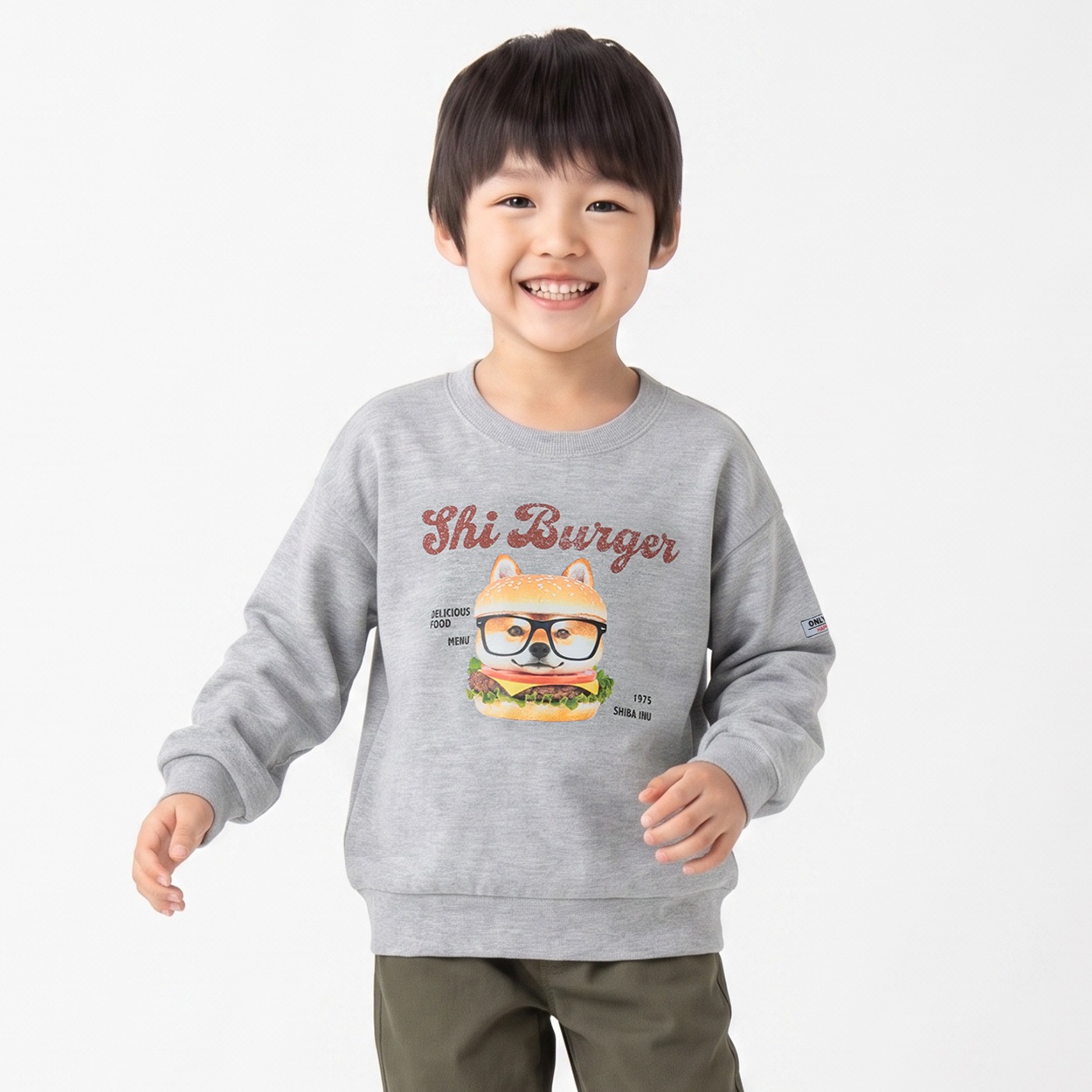 衿ヨレにくい犬天竺パロディー転写プリントスウェッT キッズ 男の子 110cm-130cm(ライトグレー-130cm)