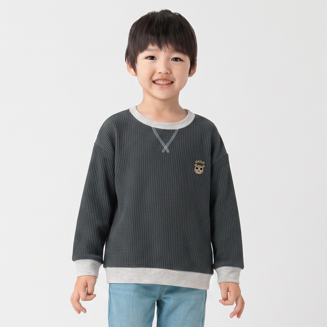 衿ヨレにくいブロックワッフル胸刺繍トレーナー キッズ 男の子 110cm-130cm(チャコ－ルグレ－-120cm)