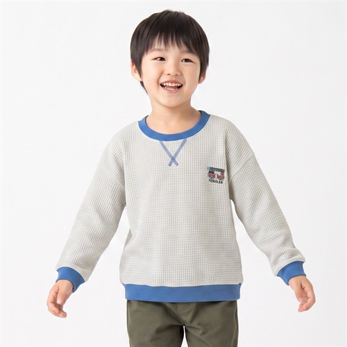 衿ヨレにくいブロックワッフル胸刺繍トレーナー キッズ 男の子 110cm-130cm(ライトグレー-110cm)