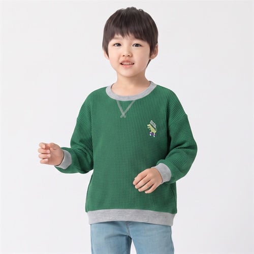 衿ヨレにくいブロックワッフル胸刺繍トレーナー キッズ 男の子 110cm-130cm(グリーン-110cm)