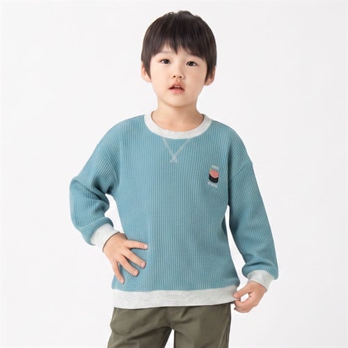 衿ヨレにくいブロックワッフル胸刺繍トレーナー キッズ 男の子 110cm-130cm(サックス-110cm)