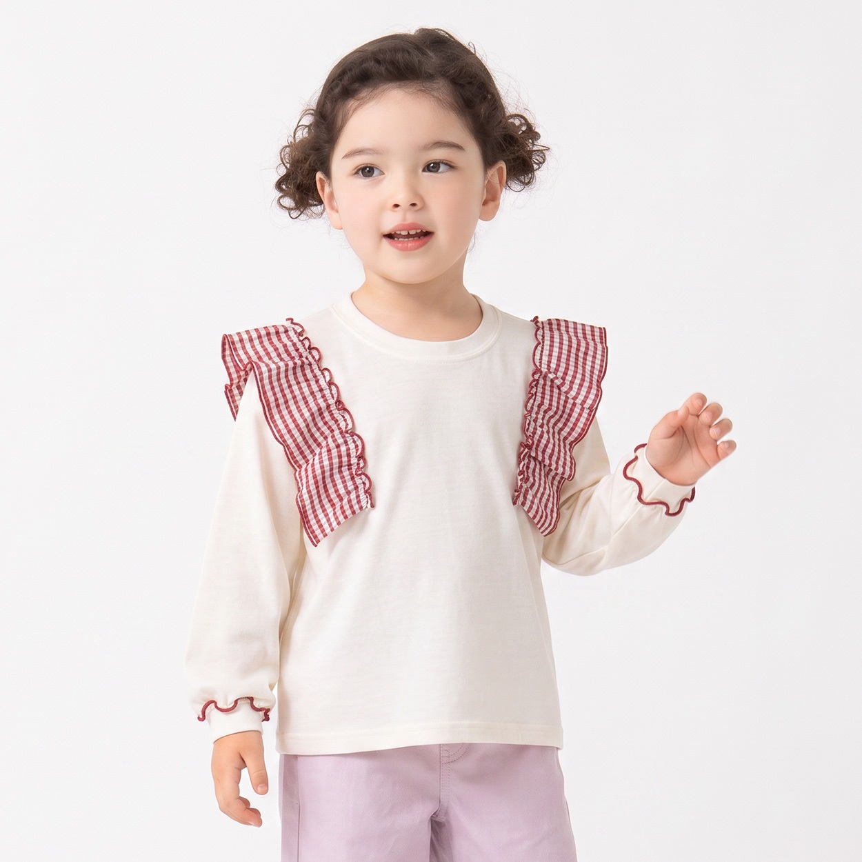 衿ヨレにくい天竺肩フリル長袖Tシャツ キッズ 女の子 110cm-130cm(ホワイト-120cm)