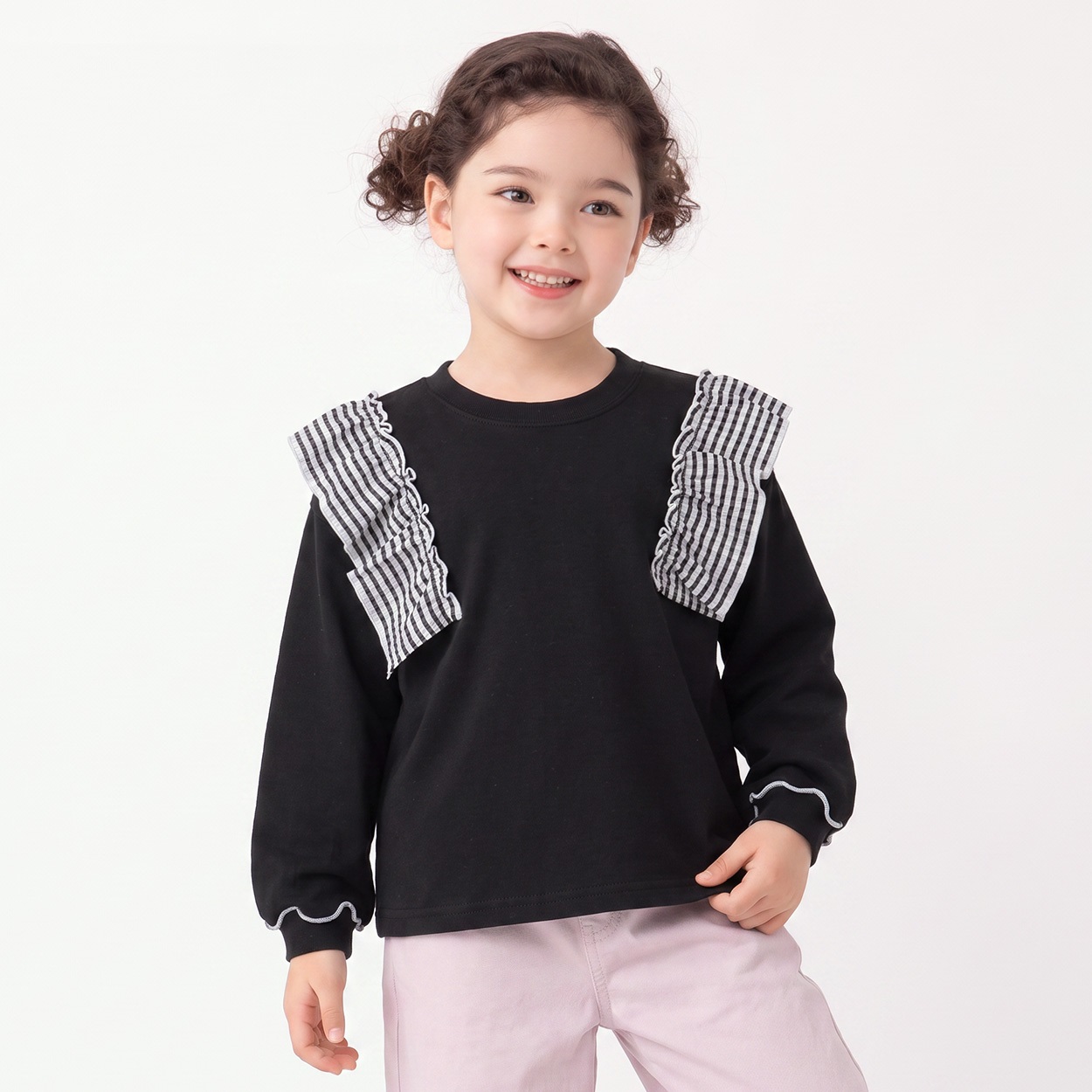 衿ヨレにくい天竺肩フリル長袖Tシャツ キッズ 女の子 110cm-130cm(ブラック-110cm)