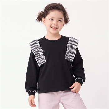 衿ヨレにくい天竺肩フリル長袖Tシャツ キッズ 女の子 110cm-130cm(ブラック-110cm)