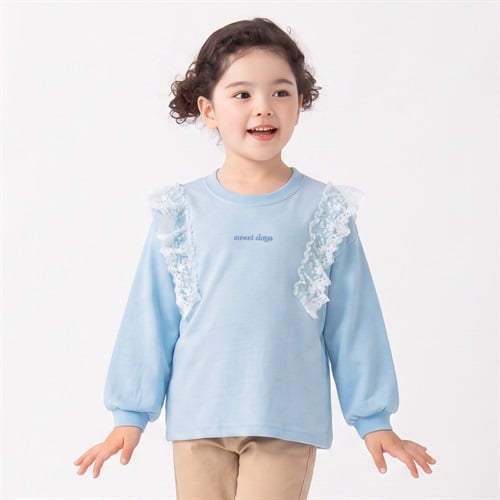 衿ヨレにくい天竺肩フリル長袖Tシャツ キッズ 女の子 110cm-130cm(サックス-110cm)