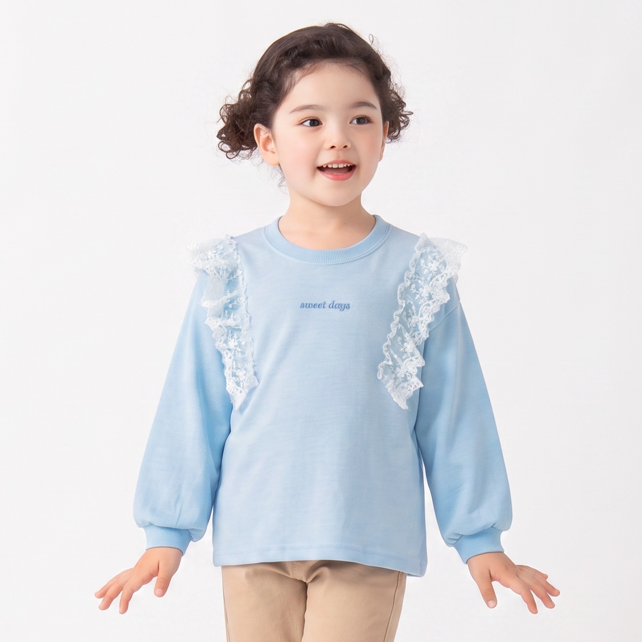 衿ヨレにくい天竺肩フリル長袖Tシャツ キッズ 女の子 110cm-130cm(サックス-130cm)