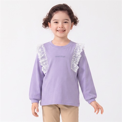 衿ヨレにくい天竺肩フリル長袖Tシャツ キッズ 女の子 110cm-130cm(パープル-110cm)