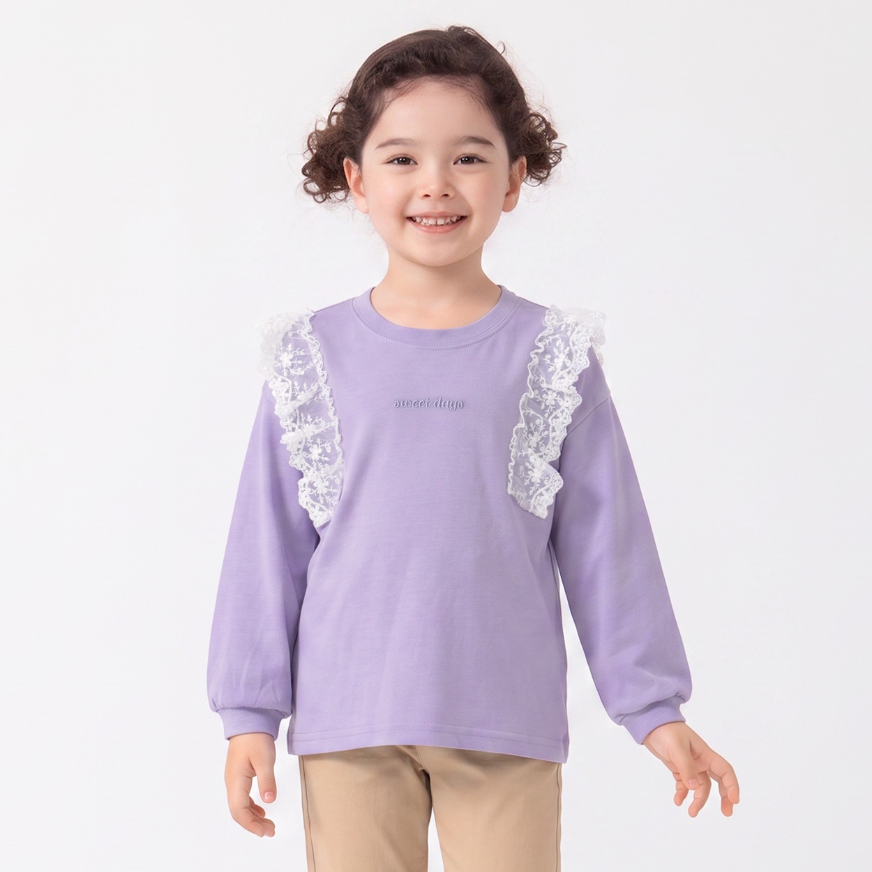 衿ヨレにくい天竺肩フリル長袖Tシャツ キッズ 女の子 110cm-130cm(パープル-130cm)