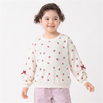 衿ヨレにくい天竺総柄リボントレーナー キッズ 女の子 110cm-130cm(レッド-110cm)