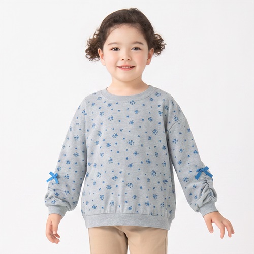 衿ヨレにくい天竺総柄リボントレーナー キッズ 女の子 110cm-130cm(ブルー-110cm)