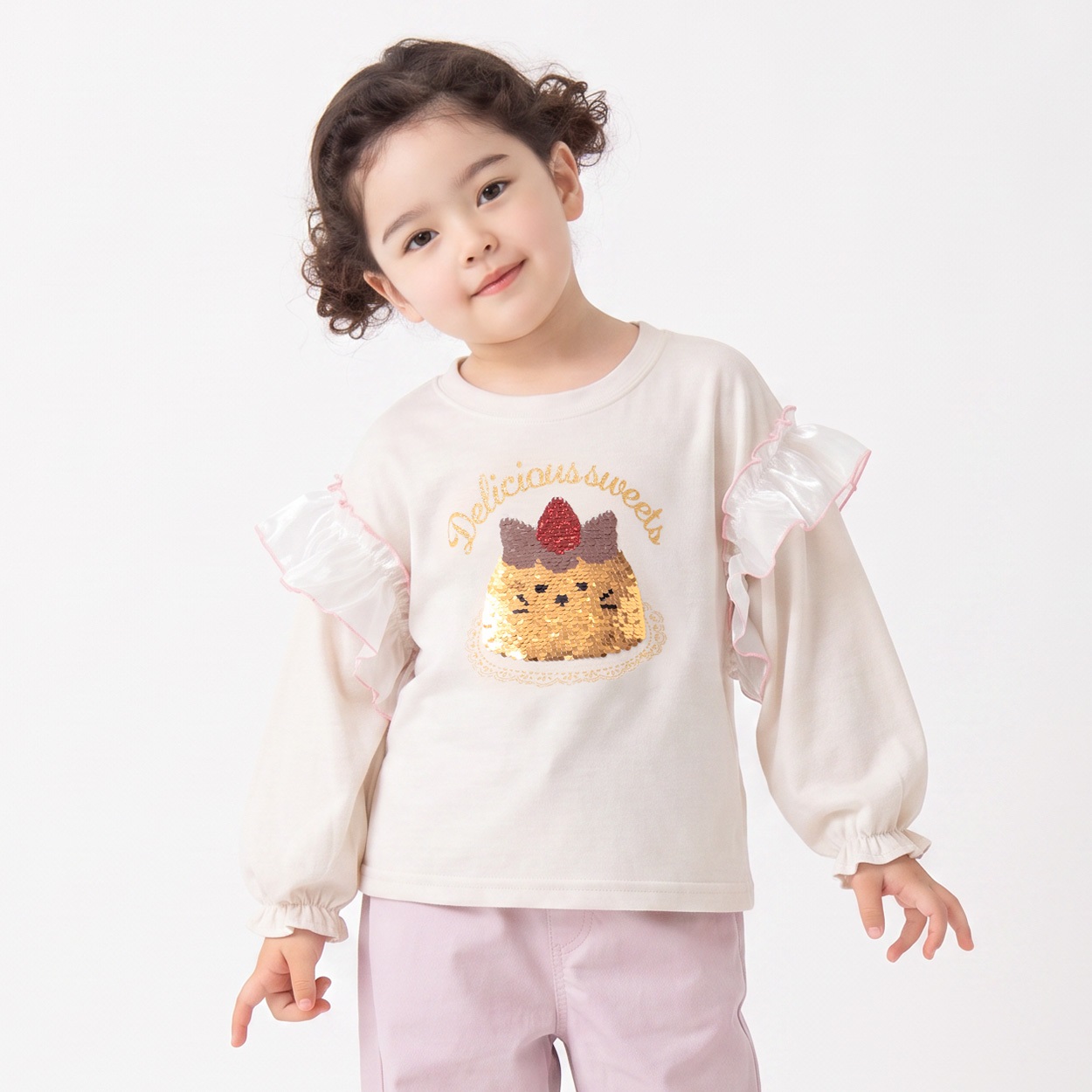 衿ヨレにくい天竺プリン猫スパンコール刺繡長袖Tシャツ キッズ 女の子 100cm-130cm(キナリ-120cm)