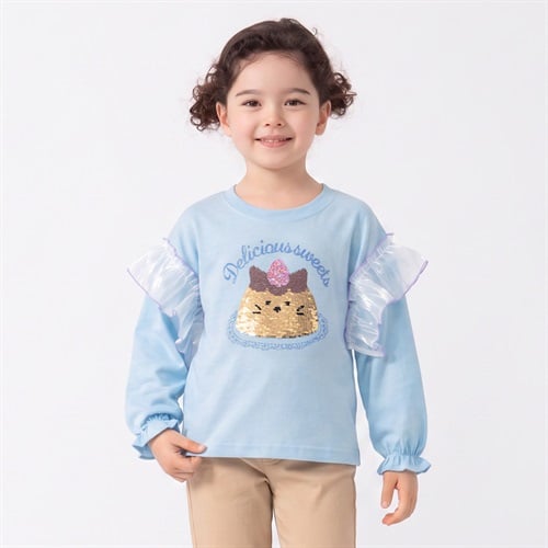 衿ヨレにくい天竺プリン猫スパンコール刺繡長袖Tシャツ キッズ 女の子 100cm-130cm(サックス-100cm)