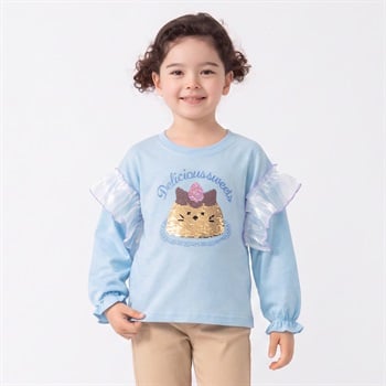 衿ヨレにくい天竺プリン猫スパンコール刺繡長袖Tシャツ キッズ 女の子 100cm-130cm(サックス-100cm)