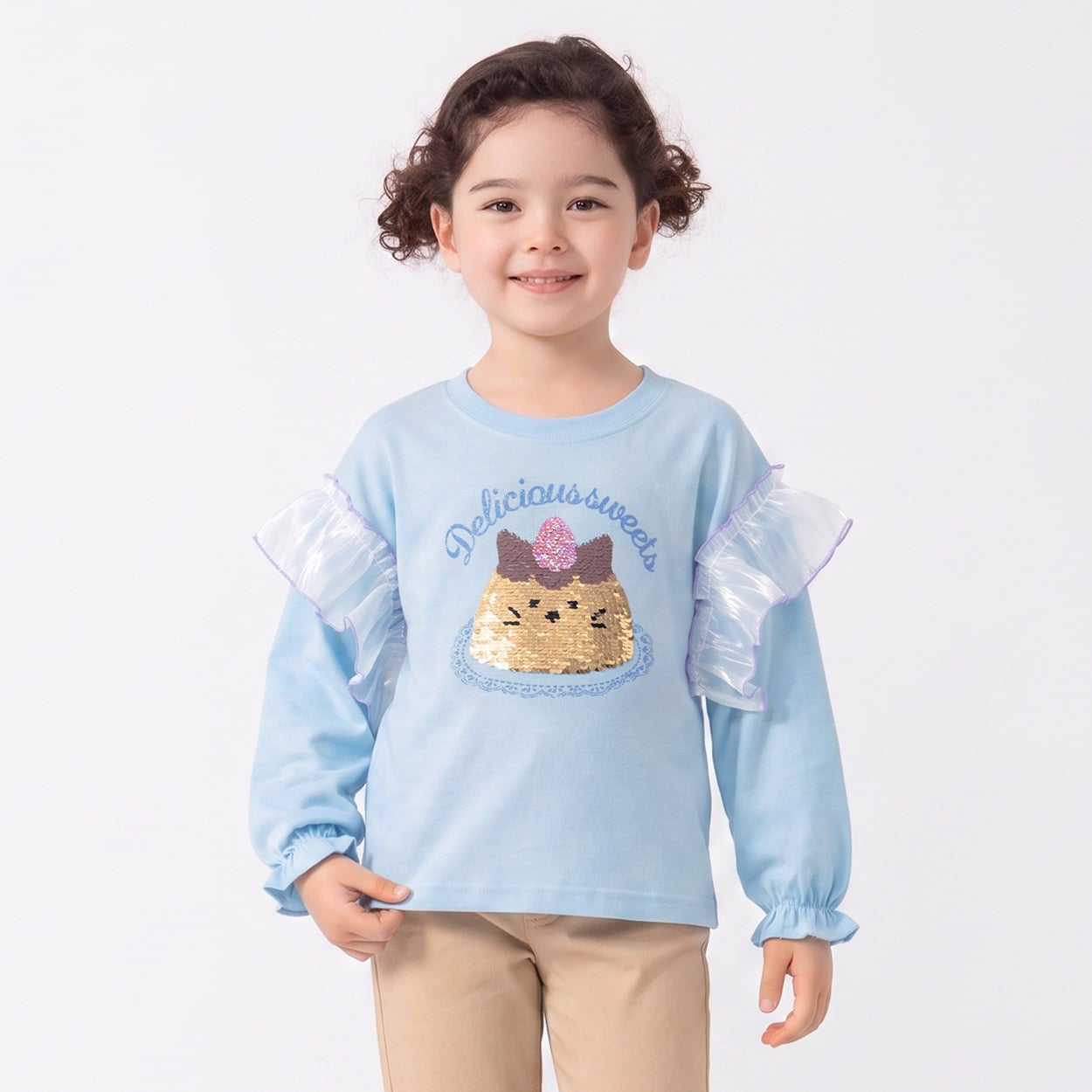 衿ヨレにくい天竺プリン猫スパンコール刺繡長袖Tシャツ キッズ 女の子 100cm-130cm(サックス-130cm)