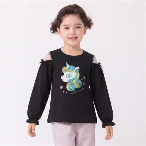 衿ヨレにくい天竺ユニコーン顔スパンコール刺繡長袖Tシャツ キッズ 女の子 100cm-130cm