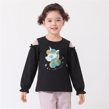 衿ヨレにくい天竺ユニコーン顔スパンコール刺繡長袖Tシャツ キッズ 女の子 100cm-130cm(ブラック-100cm)