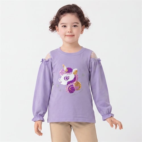 衿ヨレにくい天竺ユニコーン顔スパンコール刺繡長袖Tシャツ キッズ 女の子 100cm-130cm(パープル-100cm)