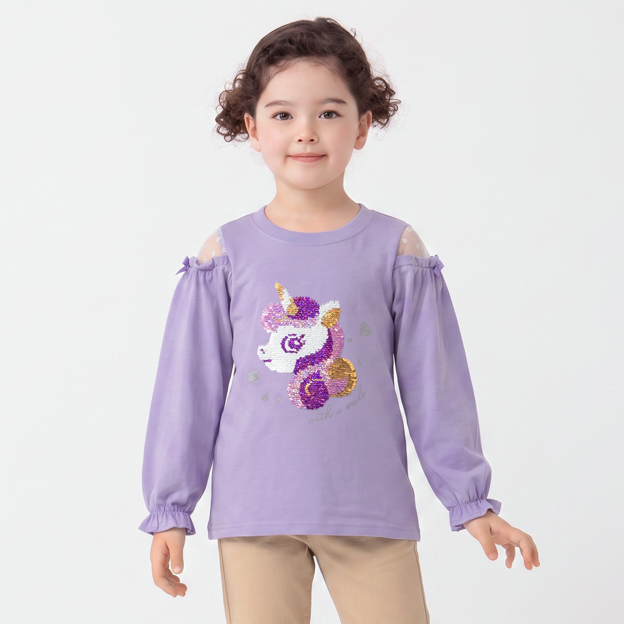 衿ヨレにくい天竺ユニコーン顔スパンコール刺繡長袖Tシャツ キッズ 女の子 100cm-130cm(パープル-100cm)