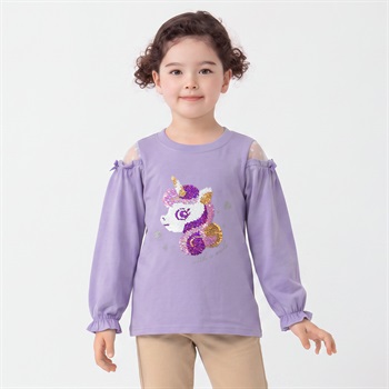 衿ヨレにくい天竺ユニコーン顔スパンコール刺繡長袖Tシャツ キッズ 女の子 100cm-130cm(パープル-100cm)