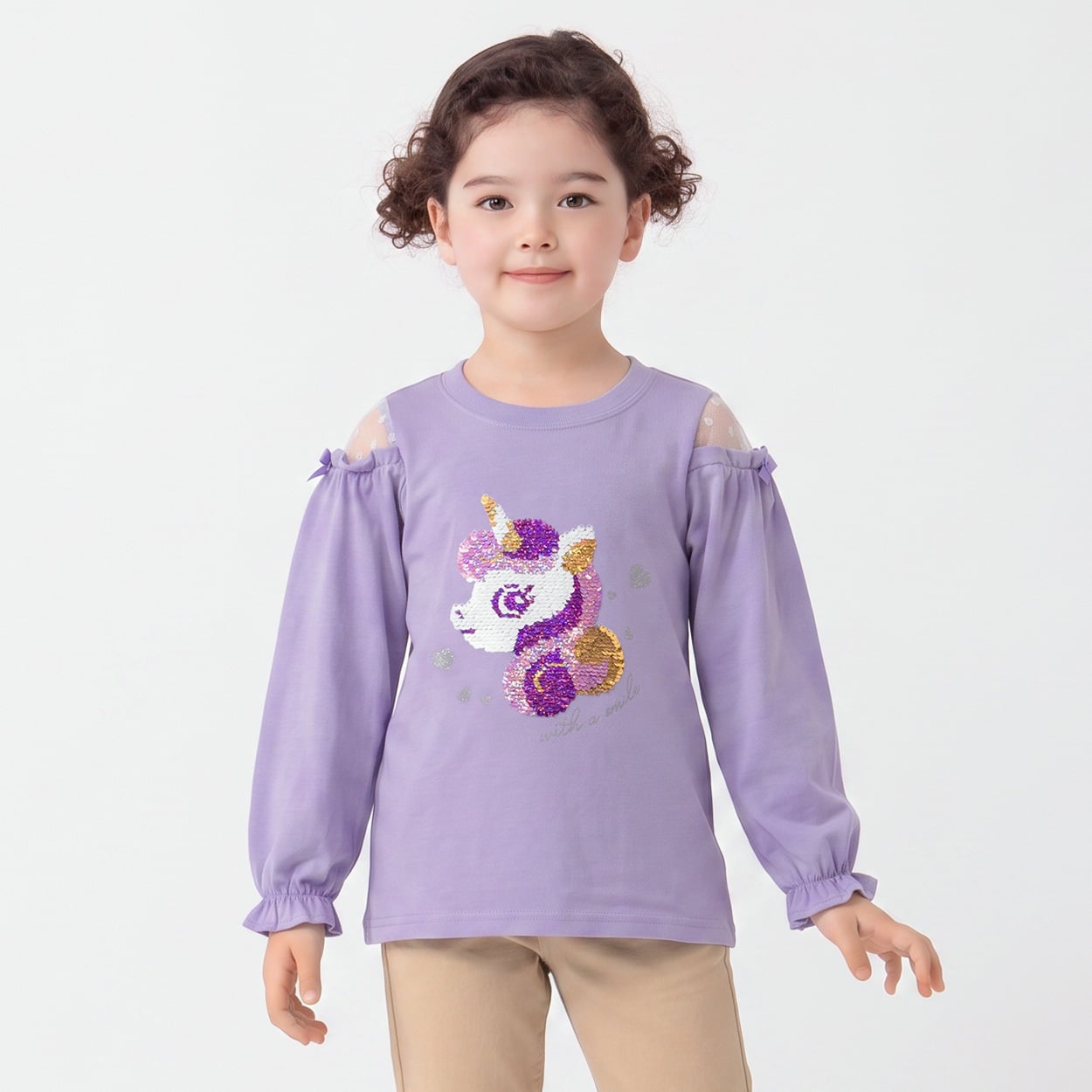 衿ヨレにくい天竺ユニコーン顔スパンコール刺繡長袖Tシャツ キッズ 女の子 100cm-130cm(パープル-130cm)