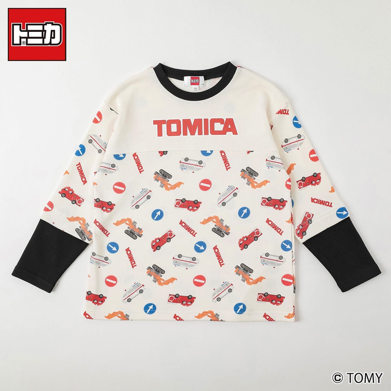 トミカ 総柄フェイクレイヤートレーナー 男の子 100cm-130cm(ホワイト-110cm)