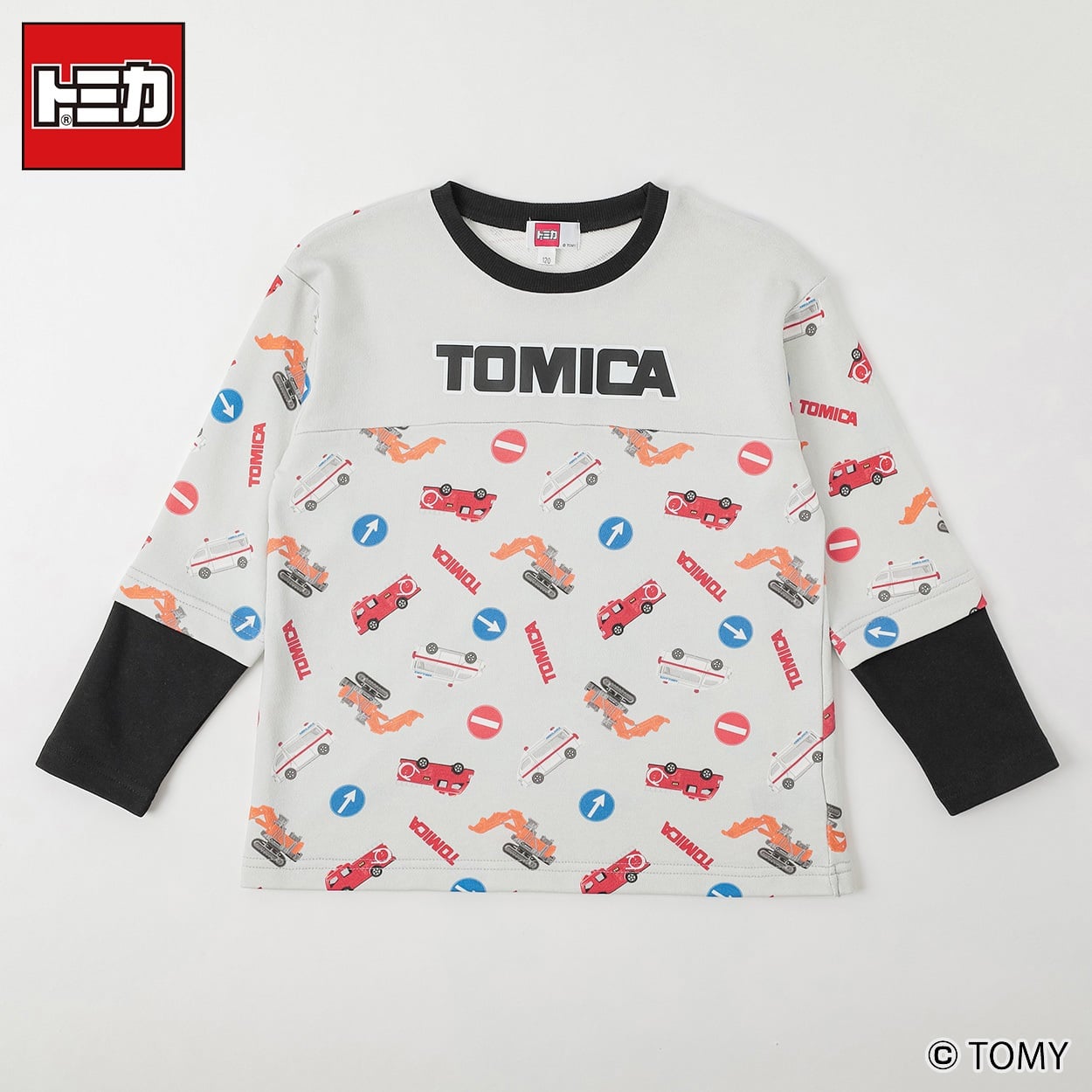 トミカ 総柄フェイクレイヤートレーナー 男の子 100cm-130cm(グレー-120cm)
