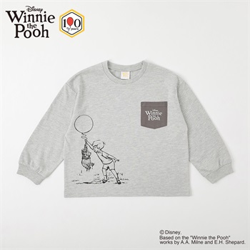 くまのプーさん / ポケット付きTシャツ キッズ 男の子 女の子 100cm-120cm(グレー-100cm)