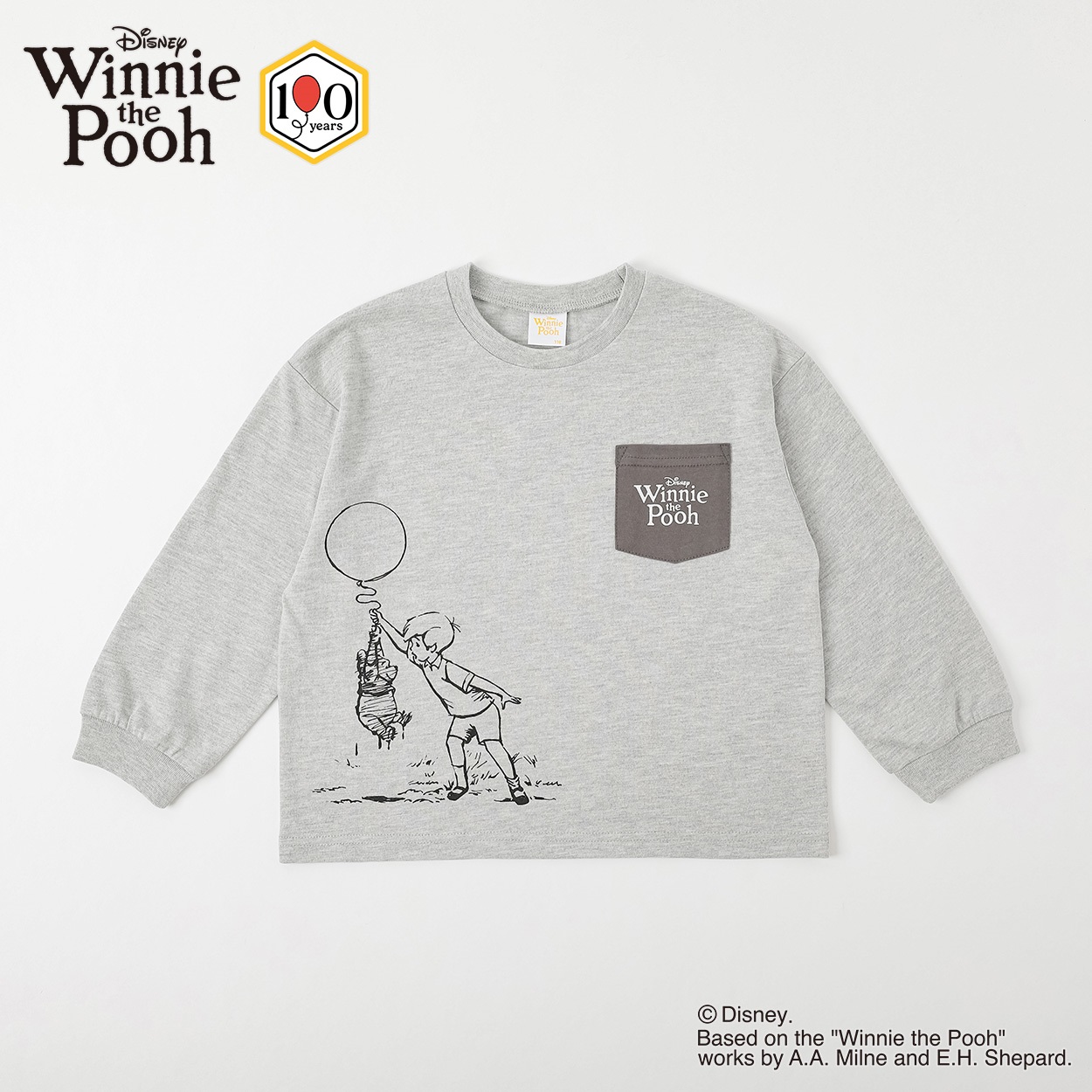くまのプーさん / ポケット付きTシャツ キッズ 男の子 女の子 100cm-120cm(グレー-110cm)