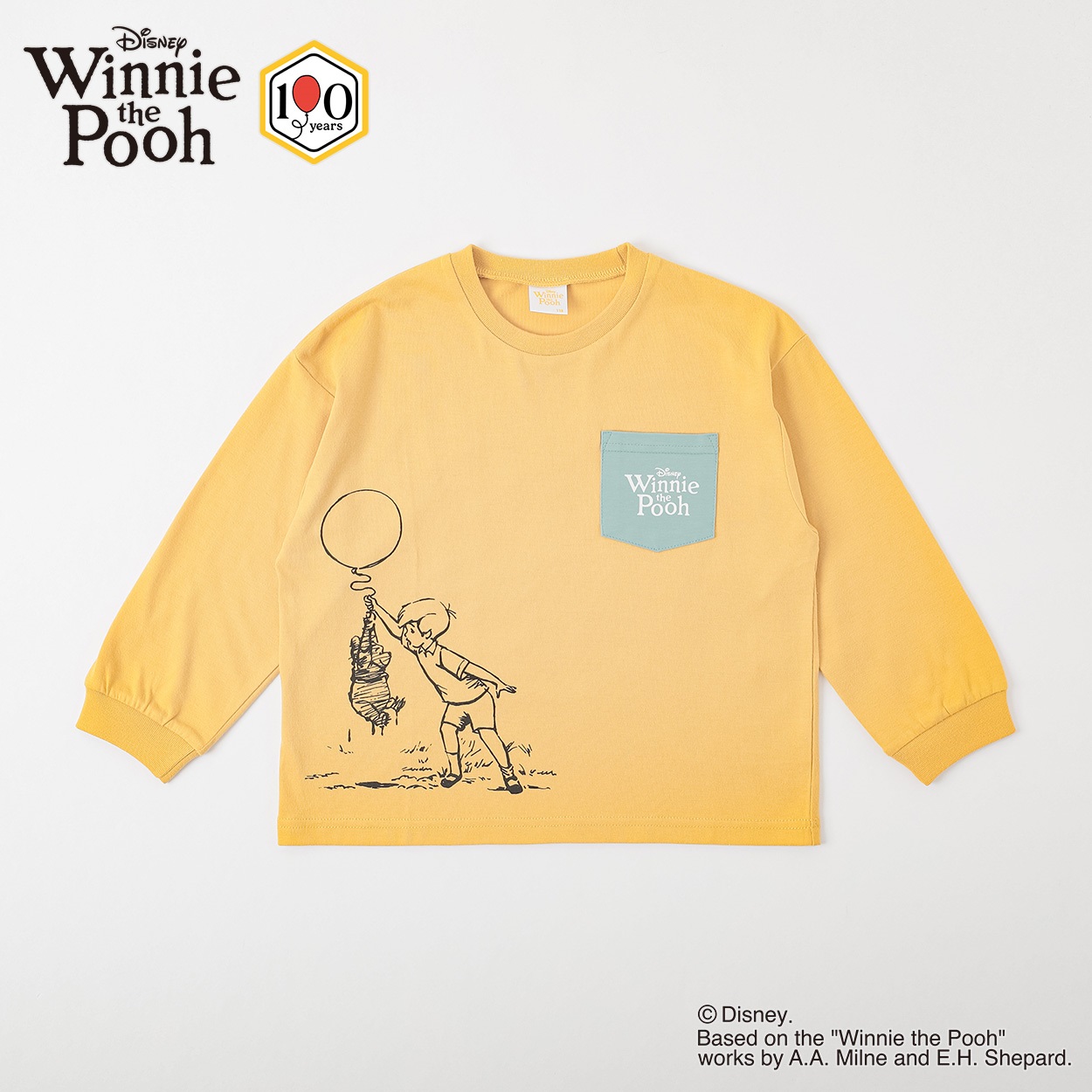 くまのプーさん / ポケット付きTシャツ キッズ 男の子 女の子 100cm-120cm(イエロー-120cm)