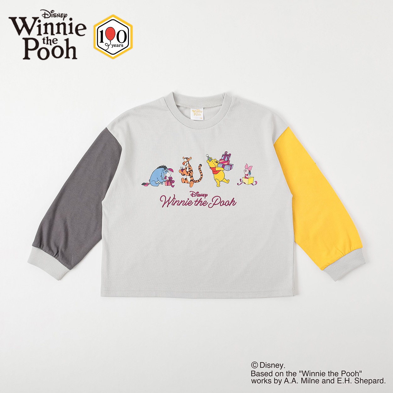 くまのプーさん / クレイジー切替Tシャツ キッズ 男の子 女の子 100cm-120cm(グレー-100cm)