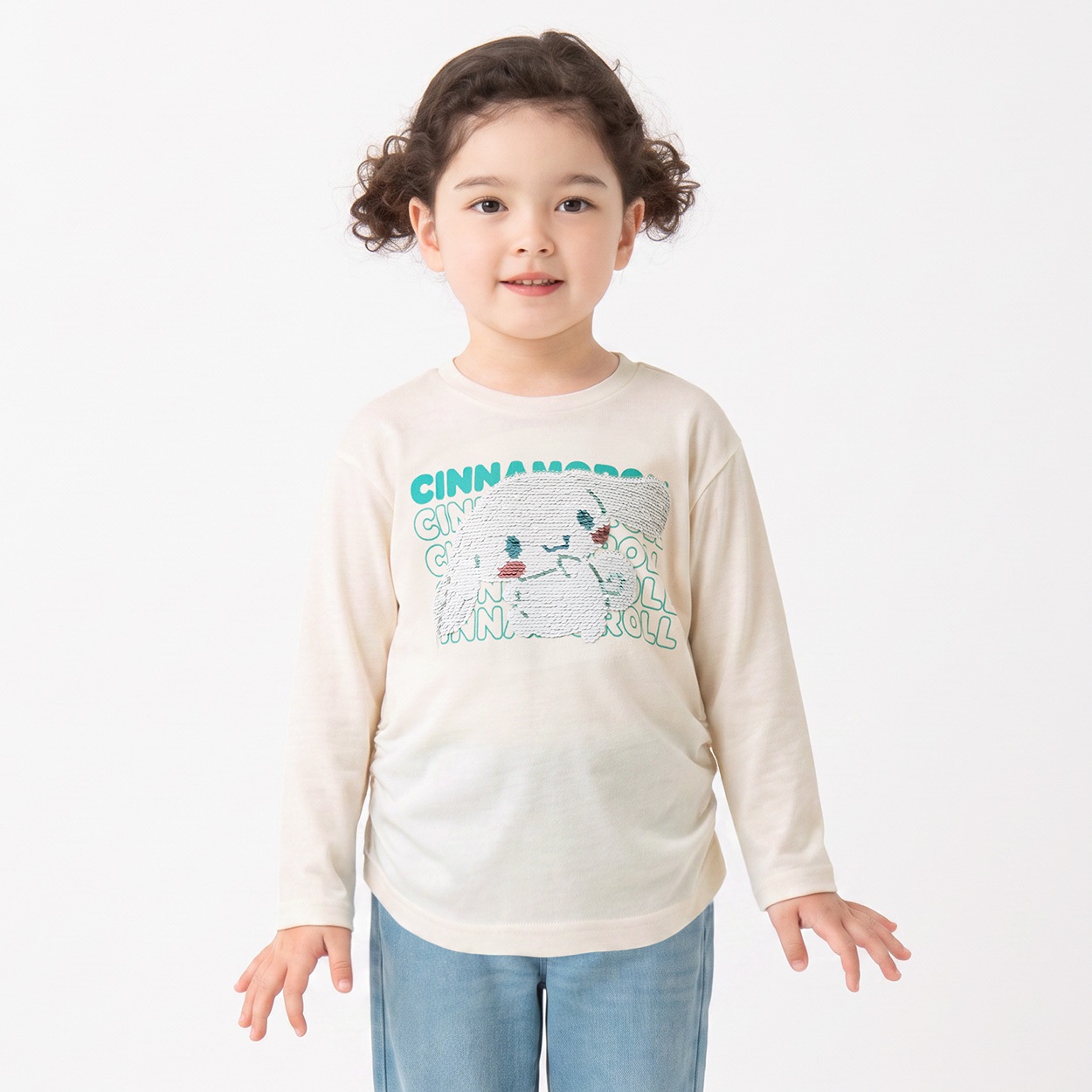 シナモロール スパンコール長袖Tシャツ キッズ 女の子 110cm-130cm(アイボリー-130cm)