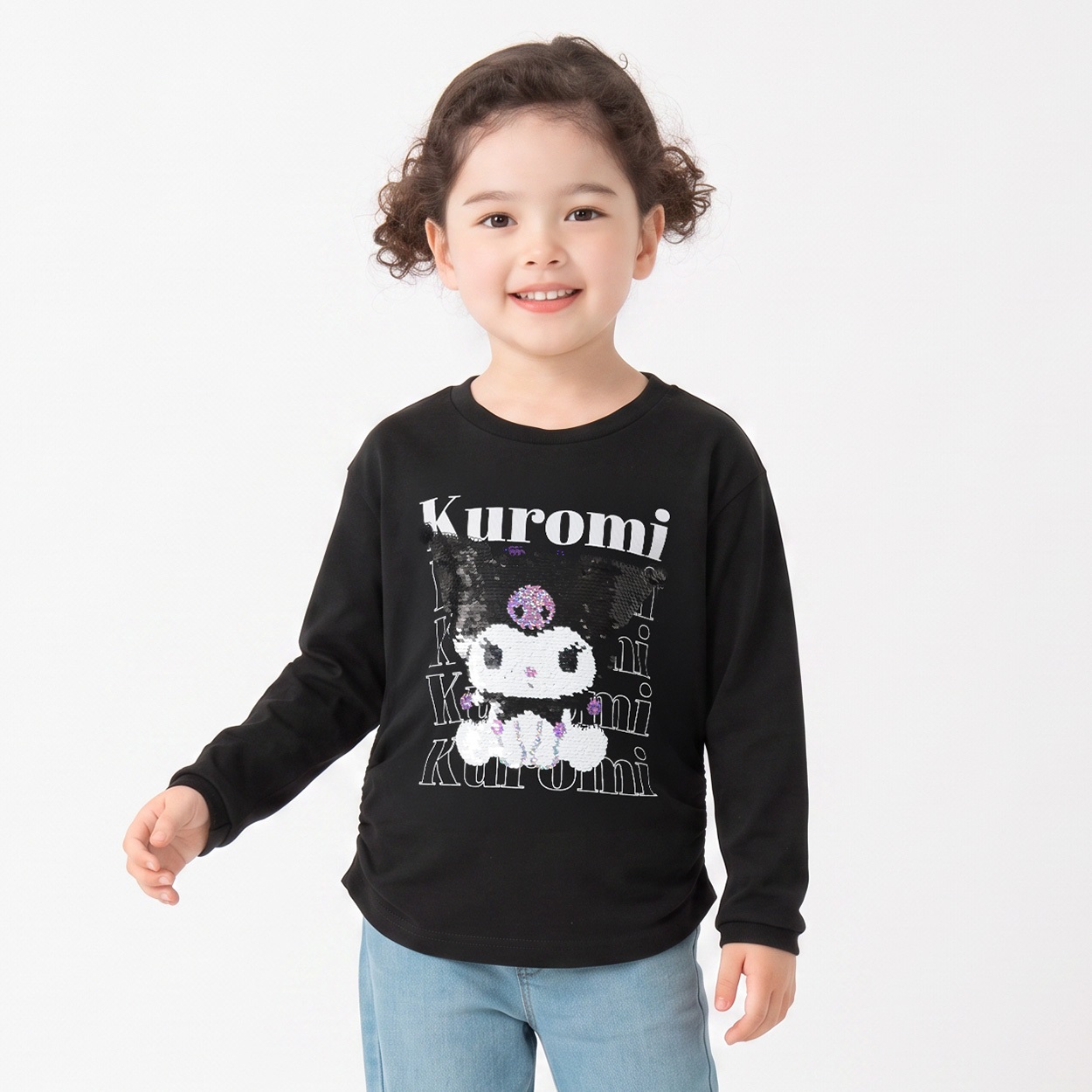 クロミ スパンコール長袖Tシャツ キッズ 女の子 110cm-130cm(ブラック-130cm)