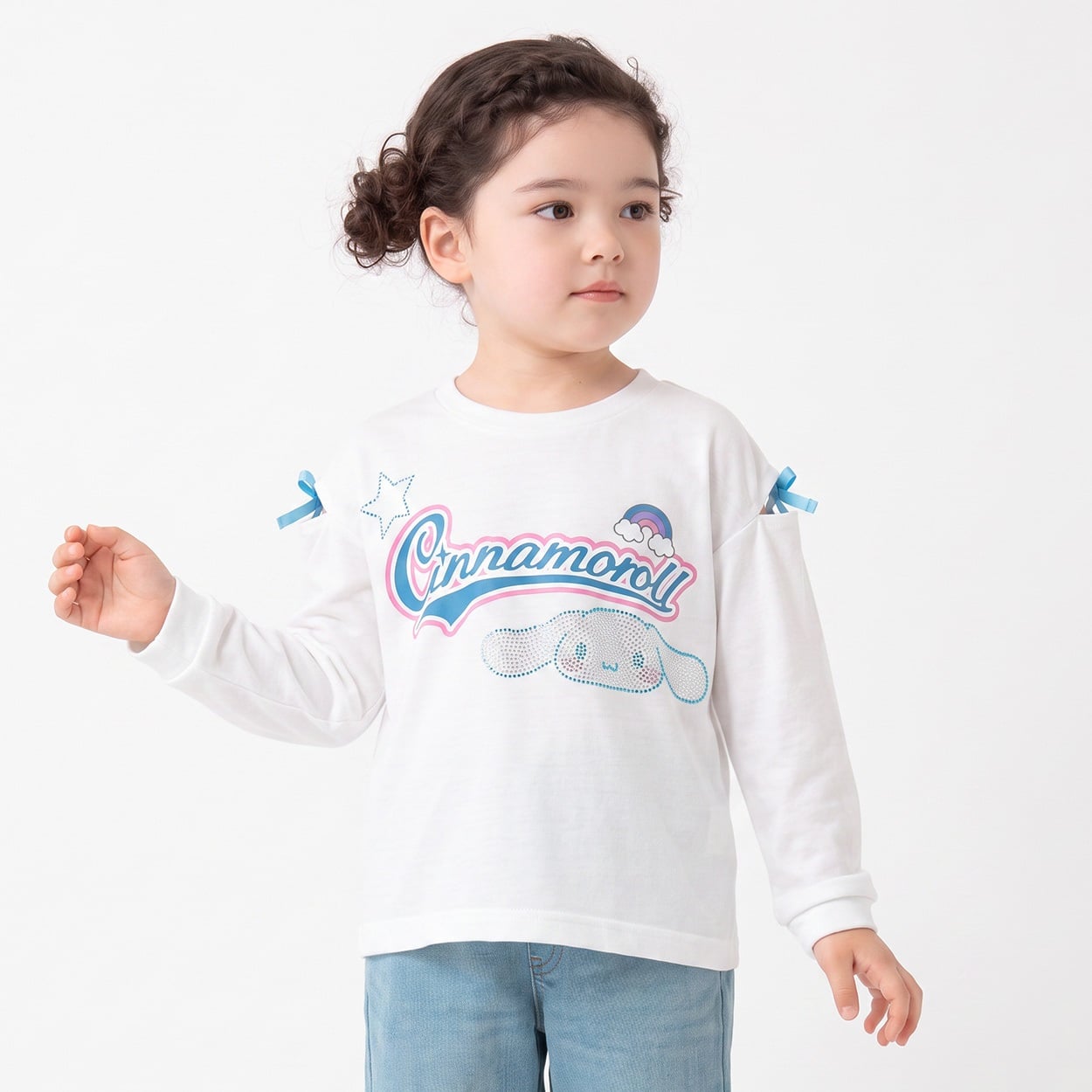 シナモロール ラインストーン長袖Tシャツ キッズ 女の子 110cm-130cm(ホワイト-110cm)