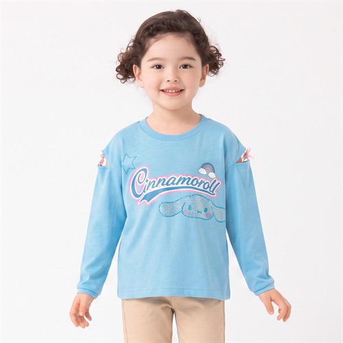 シナモロール ラインストーン長袖Tシャツ キッズ 女の子 110cm-130cm(サックス-110cm)