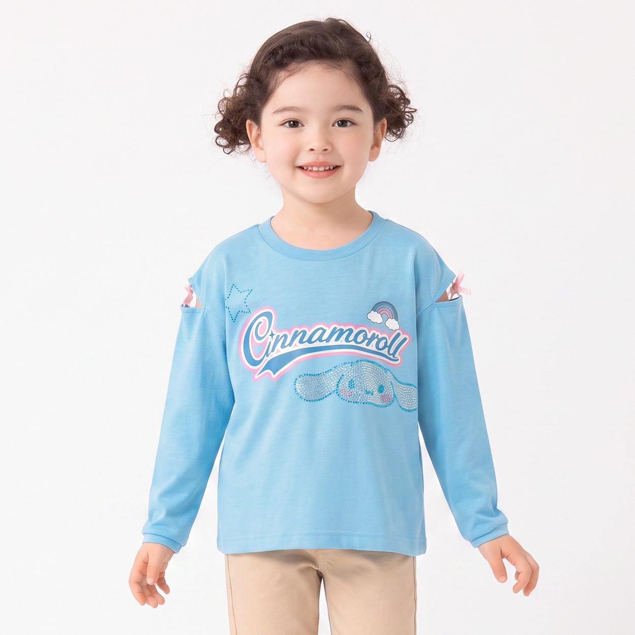 シナモロール ラインストーン長袖Tシャツ キッズ 女の子 110cm-130cm(サックス-130cm)