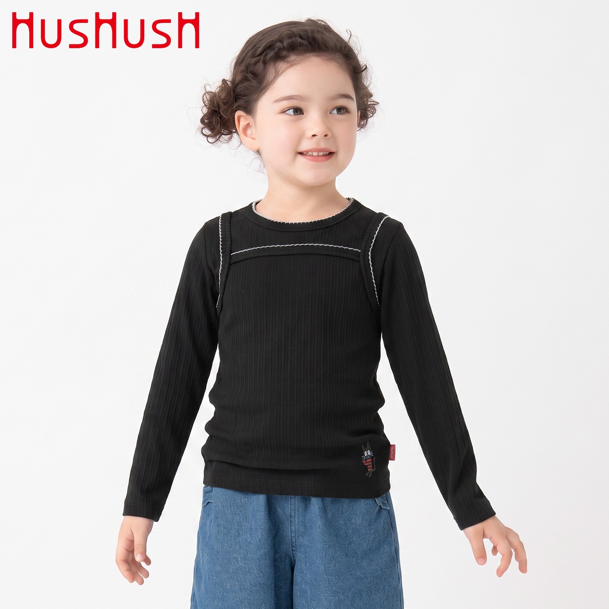 HusHusH(ハッシュアッシュ) キャミレイヤーテレコ長袖Tシャツ 女の子 100cm-130cm(ブラック-120cm)