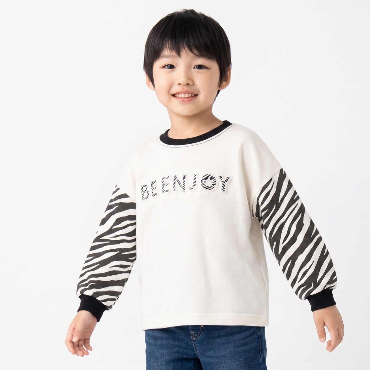 裏毛袖ゼブラエンボストレーナー キッズ 男の子 100cm-130cm(アイボリー-110cm)