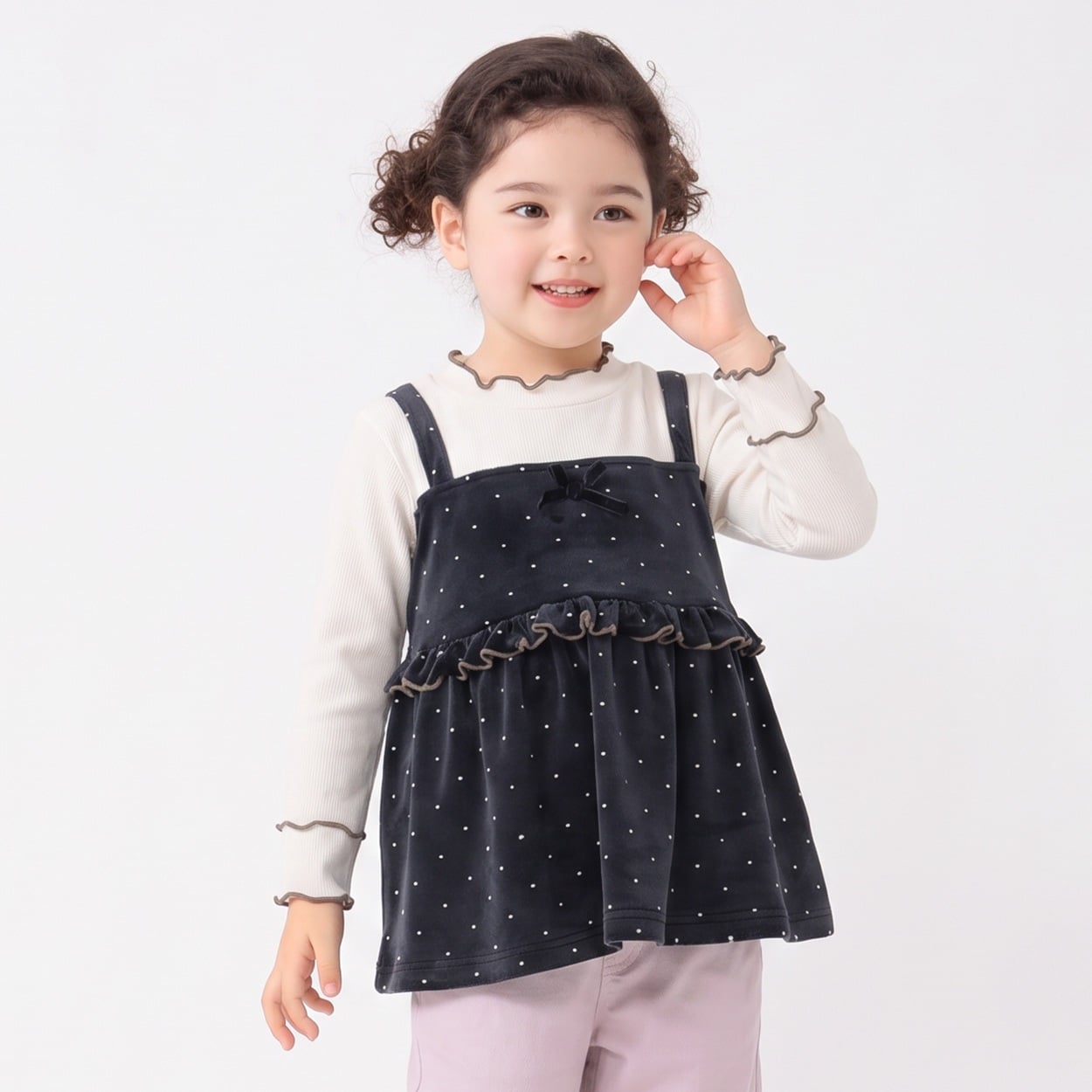 ストレッチニットコールベロア総柄ビスチェ風チュニック キッズ 女の子 100cm-130cm(ブラック-130cm)