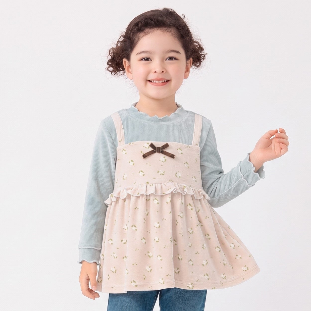 ストレッチニットコールベロア総柄ビスチェ風チュニック キッズ 女の子 100cm-130cm(ベージュ-120cm)