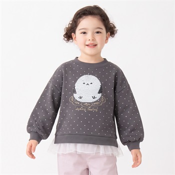 抗ビリング裏起毛シマエナガスパンコール刺繡裾チュールトレーナー キッズ 女の子 100cm-130cm(チャコールグレー-100cm)