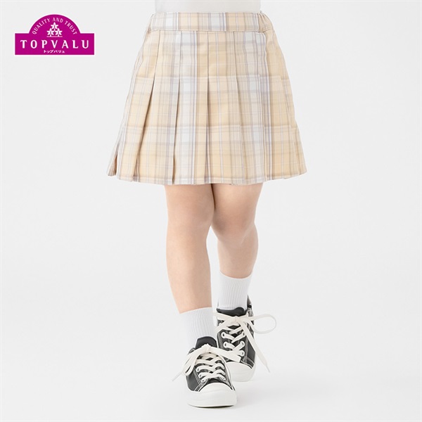 インパンツ付きチェックプリーツスカート 女の子 トップバリュ キッズ 100cm-130cm(ベージュ系チェック-110cm)