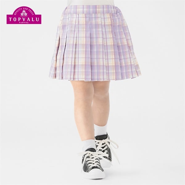 インパンツ付きチェックプリーツスカート 女の子 トップバリュ キッズ 100cm-130cm(ラベンダー系チェック-130cm)