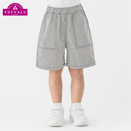 コットンダンガリー ハーフパンツ 男の子 トップバリュ キッズ 100cm-130cm(モノトーンストライプ-100cm)