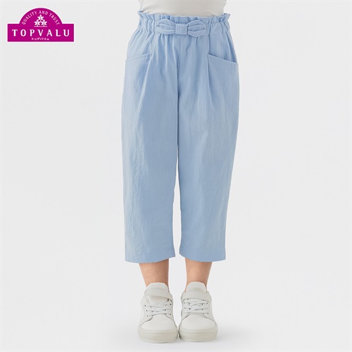 コットンワッシャー リボンクロップドパンツ 女の子 トップバリュ キッズ 100cm-130cm(サックス-100cm)