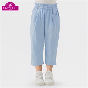 コットンワッシャー リボンクロップドパンツ 女の子 トップバリュ キッズ 100cm-130cm(サックス-100cm)