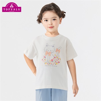 コットン衿よれにくい キャットプリント半袖Tシャツ 女の子 トップ 