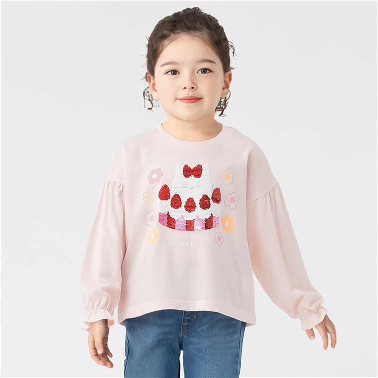 天竺ケーキスパンコール長袖Tシャツ 女の子 キッズ 100cm-130cm