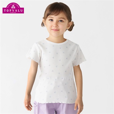 オーガニックコットン テレコリブ半袖Ｔシャツ トップバリュ キッズ 女の子 110cm-130cm(ホワイトプリント-130cm)